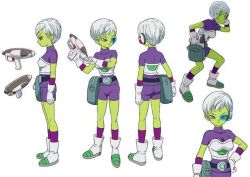 Rule 34 | 10s, 1girl, alien, armor, breastplate, breasts, character sheet, cheelai, colored skin, dragon ball, dragon ball super, female focus, gloves, green skin, gun, holding, holding weapon, looking at viewer, multiple views, no humans, official art, purple eyes, short hair, simple background, weapon, white background, white hair