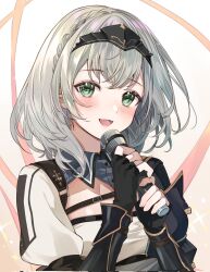 Rule 34 | 1girl, black gloves, blush, braid, breast strap, chest strap, collared dress, commentary request, dress, french braid, gloves, green eyes, grey hair, hairband, highres, holding, holding microphone, hololive, looking at viewer, medium hair, microphone, open mouth, shirogane noel, shirogane noel (1st costume), shunka tunacan, solo, upper body, vambraces, virtual youtuber