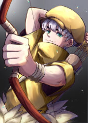 Rule 34 | 1boy, arrow (projectile), bow (weapon), dr. stone, drawing bow, green eyes, grey background, highres, holding, holding bow (weapon), holding weapon, light particles, male focus, quiver, saionji ukyou, short sleeves, signature, smile, solo, thick eyebrows, tonari, weapon, white hair, wristband, yellow headwear