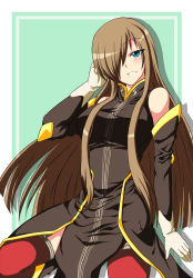 Rule 34 | 00s, 1girl, bare shoulders, blue eyes, blush, breasts, brown hair, hair over one eye, highres, kouzuki (shangorilla), large breasts, long hair, simple background, solo, tabard, tales of (series), tales of the abyss, tear grants, thighhighs, very long hair