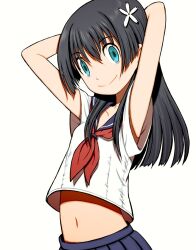 1girl aqua_eyes armpits arms_behind_head black_hair breasts highres looking_at_viewer midriff navel saten_ruiko school_uniform skirt small_breasts smile solo toaru_kagaku_no_railgun toaru_majutsu_no_index veil8801