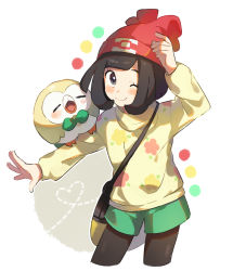 Rule 34 | 1girl, adapted costume, alternate costume, arm up, beanie, bird, black eyes, black hair, black pantyhose, blush, closed mouth, color guide, cowboy shot, creatures (company), cropped legs, female focus, flat chest, floral print, full body, game freak, gen 7 pokemon, green shorts, happy, hat, heart, highres, long sleeves, looking at viewer, matching hair/eyes, nintendo, one eye closed, outline, outstretched arm, owl, pantyhose, poke ball symbol, poke ball theme, pokemon, pokemon (creature), pokemon sm, red headwear, rowlet, selene (pokemon), short hair, short shorts, shorts, simple background, smile, standing, sweater, unapoppo, white outline, wink, yellow sweater
