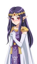 Rule 34 | 1girl, asatsuki (fgfff), bad id, bad pixiv id, blush, circlet, dress, earrings, elbow gloves, gloves, highres, jewelry, long hair, muedo, nintendo, own hands together, pointy ears, princess hilda, purple eyes, purple hair, simple background, solo, the legend of zelda, the legend of zelda: a link between worlds, white background