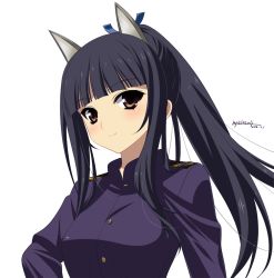 Rule 34 | 1girl, animal ears, black hair, blush, brown hair, dated, hattori shizuka, long hair, looking at viewer, military, military uniform, ponytail, sidelocks, signature, simple background, smile, solo, strike witches, umyonge (lkakeu), uniform, upper body, world witches series