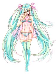 Rule 34 | 1girl, aqua eyes, aqua hair, babydoll, bad id, bad pixiv id, bra, hair ribbon, hatsune miku, hideo, hideo (green hand), lingerie, long hair, navel, one eye closed, open mouth, panties, ribbon, simple background, sketch, solo, thigh gap, thighhighs, thighs, twintails, underwear, very long hair, vocaloid, white background, wink