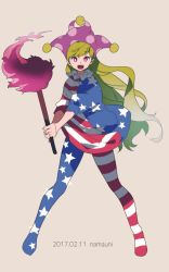 Rule 34 | 1girl, american flag dress, american flag legwear, blonde hair, clownpiece, dress, fire, full body, hat, highres, holding, jester cap, long hair, looking at viewer, namauni, neck ruff, open mouth, pantyhose, polka dot, purple eyes, short dress, short sleeves, smile, solo, standing, star (symbol), star print, striped clothes, striped pantyhose, torch, touhou