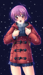 Rule 34 | 1girl, breath, cold, ishii akira, purple hair, skirt, snow, snowing, solo