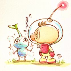 Rule 34 | 1boy, alien, backpack, bag, big nose, black eyes, blue skirt, brown hair, cold, commentary request, from behind, gloves, grass, helmet, highres, ice, ice pikmin, leaf, looking at another, nintendo, no mouth, olimar, pikmin (creature), pikmin (series), pikmin 4, pointy ears, radio antenna, red bag, red gloves, red light, shadow, short hair, signature, skirt, space helmet, spacesuit, sparkle, traditional media, translation request, very short hair, watercolor pencil (medium), whistle, yamato koara