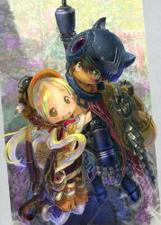 Rule 34 | 1boy, 1girl, backpack, bag, blonde hair, blush, brown eyes, brown hair, closed mouth, facial mark, glasses, headset, helmet, long hair, looking at viewer, made in abyss, official art, open mouth, regu (made in abyss), riko (made in abyss), short hair, smile, tsukushi akihito, twintails, umbrella, yellow eyes