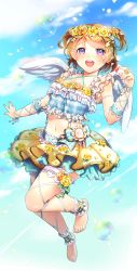 Rule 34 | 1girl, angel wings, aqua skirt, artist name, artist request, bare shoulders, blue sky, blush, bow, brown hair, checkered clothes, checkered shirt, cloud, cowboy shot, feet, female focus, flower, flower wreath, fortissimo, frilled shirt, frilled skirt, frills, full body, hair between eyes, hair flower, hair ornament, head wreath, highres, jewelry, koizumi hanayo, love live!, love live! school idol festival, love live! school idol project, lying, multicolored clothes, multicolored skirt, musical note, musical note hair ornament, parted lips, purple eyes, ribbon, sha (shareddelicious), shareddelicious (pixiv659764), shirt, short hair, skirt, sky, solo, standing, standing on one leg, star (symbol), star hair ornament, striped bow, striped ribbon, twintails, white background, wing hair ornament, wings, yellow flower, yellow skirt