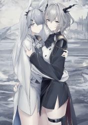 Rule 34 | 2girls, animal ears, arknights, ascot, black ascot, black coat, black shorts, blunt bangs, breast press, breasts, coat, commentary, demon girl, demon horns, feet out of frame, frostnova (arknights), grey eyes, grey hair, hair over one eye, hand on another&#039;s ass, highres, horns, hug, light frown, long hair, long sleeves, looking at viewer, maho (drmaho1), medium breasts, multiple girls, outdoors, pouch, rabbit ears, short hair, shorts, symmetrical docking, tailcoat, talulah (arknights), thigh pouch, thigh strap, wavy hair, white ascot, white coat, white shorts
