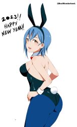 Rule 34 | 1girl, absurdres, animal ears, ass, back, backless leotard, black leotard, blue hair, blue pantyhose, bow, bowtie, box wonderland, breasts, detached collar, earrings, fake animal ears, fake tail, happy new year, highres, jewelry, large breasts, leotard, long bangs, looking at viewer, looking back, love live!, love live! superstar!!, new year, open mouth, orange eyes, pantyhose, playboy bunny, rabbit ears, rabbit tail, red bow, red bowtie, short hair, sideboob, simple background, solo, tail, teeth, twitter username, upper teeth only, wakana shiki, white background