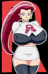 Rule 34 | 1girl, absurdres, alternate color, arms behind back, black thighhighs, blush, boots, breasts, covered erect nipples, creatures (company), crop top, earrings, game freak, gigantic breasts, highres, jessie (pokemon), jewelry, legs, lips, long hair, midriff, miniskirt, navel, nintendo, pokemon, pokemon (anime), purple eyes, red hair, salute, shiny clothes, shiny skin, skirt, solo, team rocket, thick thighs, thighhighs, thighs, underwear, upskirt, very long hair, zahkey