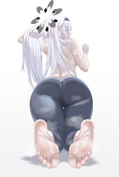 Rule 34 | 1girl, absurdres, ass, barefoot, blue archive, blush, feet, hairband, highres, himari (blue archive), johnjohnw23, long hair, looking at viewer, looking back, pointy ears, soles, steam, sweat, toes, topless, white hair