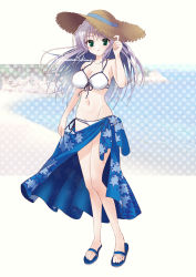 Rule 34 | 1girl, adjusting clothes, adjusting headwear, arm at side, arm up, bikini, blue footwear, blue sarong, breasts, brown hat, collarbone, commentary request, feena fam earthlight, front-tie top, full body, green eyes, groin, hat, highres, kuuma25 kuma, large breasts, light purple hair, long hair, looking at viewer, navel, parted lips, polka dot, polka dot background, print sarong, sandals, sarong, solo, standing, stomach, straw hat, swimsuit, twitter username, white bikini, yoake mae yori ruri iro na