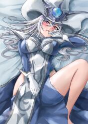 Rule 34 | 1girl, blue dress, breasts, dress, duel monster, gloves, hat, highres, hip vent, large breasts, long hair, lying, misakura aoi, on back, pink eyes, revealing clothes, silent magician, solo, white dress, white gloves, white hair, witch hat, yu-gi-oh!