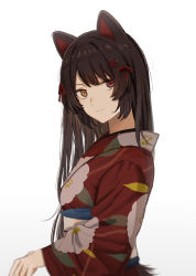 Rule 34 | 1girl, animal ears, brown hair, closed mouth, dog ears, floral print, flower, from side, hair flower, hair ornament, hair ribbon, highres, ibuki (ibuki0118), inui toko, japanese clothes, kimono, long hair, long sleeves, looking at viewer, looking to the side, nijisanji, print kimono, red eyes, red kimono, red ribbon, ribbon, solo, upper body, virtual youtuber, yellow eyes