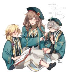 Rule 34 | 1girl, 2boys, :d, ?, ^ ^, aged down, akademiya uniform, alhaitham (genshin impact), antenna hair, artist name, beret, black footwear, blonde hair, blush, book, book on lap, braid, brown hair, closed eyes, closed mouth, commentary, confused, e7lilyy, english commentary, equation, eyelashes, feather hair ornament, feathers, flower, gem, genshin impact, gold trim, green eyes, green gemstone, green hair, green hat, green jacket, grey hair, hair between eyes, hair flower, hair ornament, hair over one eye, hair over shoulder, hands up, hat, highres, holding another&#039;s hair, index finger raised, jacket, kaveh (genshin impact), laughing, lisa (a sobriquet under shade) (genshin impact), lisa (genshin impact), long hair, long sleeves, looking at another, math, multicolored hair, multiple boys, official alternate costume, one eye covered, open book, open clothes, open jacket, open mouth, outstretched arm, pants, parted bangs, pointing, pointing at another, purple flower, purple rose, red eyes, rose, shirt, shoes, short hair, sidelocks, simple background, single braid, sitting, skirt, smile, swept bangs, tilted headwear, twitter username, v-shaped eyebrows, white background, white pants, white shirt, white skirt