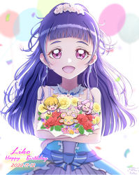 Rule 34 | 1other, 3girls, asahina mirai, blue dress, bouquet, character name, crystal earrings, dated, dress, earrings, flower, frills, hanami kotoha, happy birthday, highres, izayoi liko, jewelry, lips, long hair, looking at viewer, mahou girls precure!, mini person, minigirl, mofurun (mahou girls precure!), multiple girls, open mouth, petals, precure, purple eyes, purple hair, smile, upper body, white background