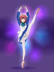 Rule 34 | 1girl, abstract background, apron, arms up, ballerina, ballet, ballet slippers, blue dress, blue eyes, blush, crotch, dancer, dancing, dress, en pointe, frills, full body, highres, leg lift, leg up, legs, looking at viewer, maid, maid apron, maid day, maid headdress, open mouth, original, panties, panty peek, pantyhose, pantyshot, red hair, smile, solo, split, standing, standing on one leg, standing split, underwear, usui ou