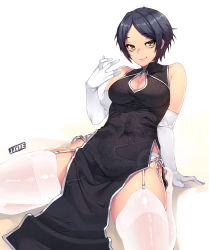 Rule 34 | 10s, 1girl, black hair, breasts, china dress, chinese clothes, cleavage, cleavage cutout, clothing cutout, dress, garter straps, gloves, hayami kanade, highres, idolmaster, idolmaster cinderella girls, jjune, medium breasts, parted bangs, pelvic curtain, short hair, smile, solo, thighhighs, white gloves, white thighhighs, yellow eyes