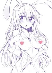 Rule 34 | 1girl, animal ears, blush, bottomless, breasts, carrot necklace, censored, collarbone, commentary request, groin, hair between eyes, hands on own chest, heart, heart censor, highres, large breasts, long hair, long sleeves, looking at viewer, maturiuta sorato, monochrome, navel, necklace, off shoulder, out-of-frame censoring, parted lips, rabbit ears, reisen udongein inaba, shirt, sidelocks, simple background, solo, standing, touhou, upper body, very long hair, white background