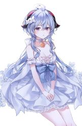 Rule 34 | 1girl, ahoge, arm garter, bare shoulders, bell, blue dress, blue hair, blue ribbon, blush, breasts, cleavage, cowbell, detached sleeves, dress, flower, frilled dress, frills, ganyu (genshin impact), genshin impact, goat horns, hair flower, hair ornament, hands on lap, highres, horns, lace, lace trim, long hair, looking at viewer, low ponytail, mattang, medium breasts, open mouth, purple eyes, ribbon, sidelocks, simple background, sleeveless, sleeveless dress, solo, white background, white flower