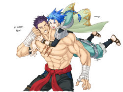 Rule 34 | 2boys, ^ ^, armlet, asymmetrical bangs, bandaged hand, bandages, blue hair, bodysuit, bodysuit under clothes, bracelet, braid, braided ponytail, capelet, child, closed eyes, cu chulainn (fate), earrings, fangs, fate/grand order, fate/grand order arcade, fate (series), fergus mac roich (fate), floating hair, happy, hood, hood down, hooded capelet, hug, jewelry, korean commentary, korean text, long hair, male focus, multiple boys, muscular, navel, open mouth, pants, ponytail, puffy pants, purple hair, sandals, sash, scar, scar on chest, scar on face, setanta (fate), short hair, simple background, single braid, sloth g ya, spiked hair, topless male, uppercut, white background