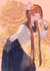 Rule 34 | 1girl, black skirt, blush, breasts, brown eyes, brown hair, closed mouth, commentary request, finger to mouth, floral background, flower, hair flower, hair ornament, hand to own mouth, highres, leaning forward, long hair, long neck, long skirt, long sleeves, looking at viewer, makitoshi0316, medium breasts, midriff peek, neckerchief, nisekoi, orange neckerchief, pleated skirt, sailor collar, school uniform, serafuku, shirt, skirt, smile, solo, tachibana marika, white shirt