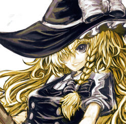 Rule 34 | 1girl, akasia, blonde hair, braid, faux traditional media, female focus, grin, hair over one eye, hat, kirisame marisa, side braid, smile, solo, speed painting, touhou, witch, witch hat