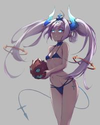 Rule 34 | 1girl, bare shoulders, bikini, blue bikini, blue eyes, blush, breasts, choker, elsword, groin, hair ornament, highres, holding, horns, long hair, looking at viewer, luciela r. sourcream, navel, noblesse (elsword), parted lips, pointy ears, revision, sidelocks, simple background, small breasts, solo, star-shaped pupils, star (symbol), swimsuit, symbol-shaped pupils, tail, twintails, waero