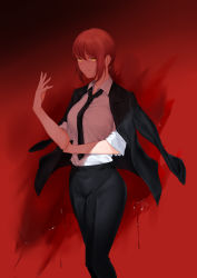 Rule 34 | 1girl, absurdres, bad id, bad pixiv id, black necktie, black pants, blood, blood on wall, braid, braided ponytail, breasts, business suit, chainsaw man, collared shirt, darling0221, formal, hair between eyes, hand up, highres, jacket, jacket on shoulders, large breasts, light smile, long sleeves, looking at viewer, loose clothes, loose shirt, makima (chainsaw man), necktie, pants, red background, red hair, ringed eyes, shirt, shirt tucked in, sleeves pushed up, smile, solo, suit, thick thighs, thighs, white shirt, yellow eyes