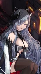 Rule 34 | 1girl, august von parseval (azur lane), azur lane, bare shoulders, black thighhighs, blue eyes, breasts, detached sleeves, ex saki, from side, grey hair, hair over one eye, highres, horns, large breasts, long hair, long sleeves, looking at viewer, one eye covered, parted lips, sitting, smile, solo, thighhighs, thighs