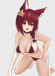 Rule 34 | 1girl, :3, :d, absurdres, animal ears, arm support, azur lane, banxuan c2ka, barefoot, bikini, bikini pull, blurry, blush, braid, breasts, chiyoda (azur lane), chiyoda (shimmering surf) (azur lane), cleavage, clothes pull, collar, depth of field, fang, flower, grey background, hair between eyes, hair flower, hair ornament, hair over shoulder, highres, kneeling, large breasts, long hair, open mouth, photoshop (medium), pulled by self, red bikini, red eyes, red hair, sidelocks, simple background, smile, solo, swimsuit