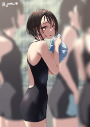 Rule 34 | 4girls, :o, black one-piece swimsuit, blurry, blurry background, brown hair, commentary request, hair between eyes, jonsun, looking at viewer, misaki (jonsun), multiple girls, one-piece swimsuit, original, solo focus, standing, swimsuit, twitter username, wet, yellow eyes