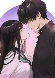 Rule 34 | 1boy, 1girl, :|, artist name, black hair, breasts, chitanda eru, closed mouth, collar, couple, ears visible through hair, eye contact, eyes visible through hair, gakuran, green eyes, hair between eyes, hand on another&#039;s cheek, hand on another&#039;s face, hetero, highres, hyouka, imminent kiss, jacket, kamiyama high school uniform (hyouka), lips, long hair, long sleeves, looking at another, mery (yangmalgage), oreki houtarou, pocket, purple eyes, school uniform, serafuku, shirt, simple background, star (sky), uniform
