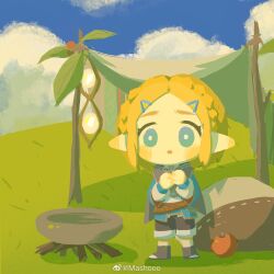 Rule 34 | 1girl, backpack, bag, black shorts, blonde hair, blue eyes, blue tunic, blush stickers, braid, bright pupils, cape, chinese commentary, cloud, commentary, cooking pot, full body, grass, grey cape, grey footwear, hair ornament, hairclip, highres, long sleeves, mashooo, nintendo, own hands together, pointy ears, princess zelda, shoes, short hair, shorts, sky, solo, the legend of zelda, the legend of zelda: tears of the kingdom, weibo watermark, white pupils