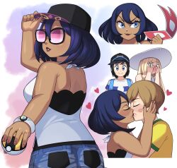 Rule 34 | 2boys, 2girls, absurdres, baseball cap, black hair, blue eyes, blush, breasts, closed eyes, covering face, creatures (company), dark-skinned female, dark skin, denim, denim shorts, dexio (pokemon), elio (pokemon), game freak, hat, heart, hetero, highres, holding, holding poke ball, kiss, lillie (pokemon), lipstick mark, lipstick mark on face, looking at another, mask, mega ring, multiple boys, multiple girls, multiple views, nail polish, nintendo, pink-tinted eyewear, poke ball, pokemon, pokemon sm, pokemon xy, purple hair, shorts, signature, sina (pokemon), sun hat, tinted eyewear, ultra ball, unworn mask, yamouri