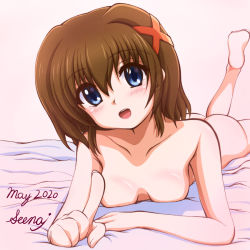 Rule 34 | 1girl, 2020, :o, blue eyes, brown hair, collarbone, completely nude, dated, female focus, foreshortening, index finger raised, looking at viewer, lying, lyrical nanoha, medium hair, nude, on bed, on stomach, open mouth, seena, simple background, solo, white background, yagami hayate