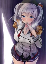 Rule 34 | beret, biting, black hat, blue eyes, blush, breasts, buttons, cleavage, commentary request, curtains, epaulettes, frilled sleeves, frills, gin&#039;ichi (akacia), glove biting, gloves, hat, jacket, kantai collection, kashima (kancolle), large breasts, long sleeves, military, military jacket, military uniform, miniskirt, neck ribbon, pleated skirt, red neckwear, ribbon, sidelocks, silver hair, skirt, solo, twintails, undone neck ribbon, uniform, wavy hair, white gloves, white jacket