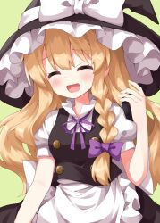 Rule 34 | 1girl, apron, black vest, blonde hair, blush, bow, braid, closed eyes, commentary request, facing viewer, hair bow, hat, hat bow, highres, kirisame marisa, long hair, mini-hakkero, neck ribbon, open mouth, puffy short sleeves, puffy sleeves, purple bow, purple ribbon, ribbon, ruu (tksymkw), short sleeves, side braid, single braid, smile, solo, touhou, vest, waist apron, white bow, witch hat