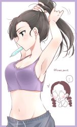 Rule 34 | 2girls, ^^^, alternate hairstyle, arms up, black eyes, black hair, blue border, blush, border, braid, breasts, casual, cleavage, commentary, cropped shirt, drawstring, food, food in mouth, fukuda haru, girls und panzer, glasses, grey shorts, hair up, hands in hair, highres, hinase (twoxout), long hair, looking at another, medium hair, motion lines, multiple girls, nishi kinuyo, opaque glasses, ponytail, popsicle, purple shirt, round eyewear, see-through, shirt, shorts, solo focus, standing, straight hair, tank top, twin braids, twintails, twitter username, tying hair, upper body, white background