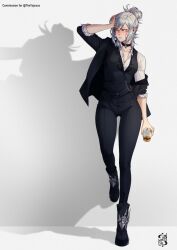 Rule 34 | 1girl, against wall, alcohol, boots, breasts, choker, commentary, commission, cup, english commentary, formal, grey hair, hair bun, holding, holding cup, iskaydi, jacket, medium breasts, original, shadow, sleeves rolled up, solo, standing, standing on one leg, suit, suit jacket, vest, watermark