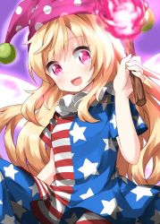 Rule 34 | 1girl, american flag legwear, american flag shirt, blonde hair, blue pants, blue shirt, blue sleeves, blush, breasts, clownpiece, fairy wings, fire, hair between eyes, hand up, hat, highres, jester cap, long hair, looking at viewer, medium breasts, multicolored clothes, multicolored pants, multicolored shirt, one-hour drawing challenge, open mouth, pants, pink eyes, pink fire, pink hat, polka dot, purple background, red pants, red shirt, red sleeves, ruu (tksymkw), shirt, short sleeves, simple background, sitting, smile, solo, star (symbol), star print, striped clothes, striped pants, striped shirt, torch, touhou, white pants, white shirt, white sleeves, wings