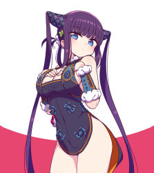Rule 34 | 1girl, bare shoulders, black dress, blue eyes, blunt bangs, blush, breasts, chan co, china dress, chinese clothes, cleavage, closed mouth, dress, fate/grand order, fate (series), fur trim, hair ornament, hands on own chest, large breasts, long hair, looking at viewer, purple hair, sidelocks, solo, standing, twintails, very long hair, yang guifei (fate), yang guifei (second ascension) (fate)
