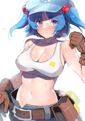 Rule 34 | 1girl, belt, blue eyes, blue hair, blue hat, blush, breasts, brown belt, brown gloves, cleavage, collarbone, gloves, hair bobbles, hair ornament, hat, highres, kawashiro nitori, large breasts, midriff, navel, parted lips, sakuratsuki, short hair, simple background, solo, sweat, tank top, touhou, twintails, unzipped, white background, white tank top