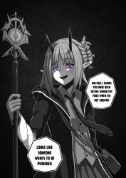 Rule 34 | 1girl, :d, absurdres, arknights, bad id, bad pixiv id, collared shirt, commentary, english commentary, english text, female focus, gloves, greyscale, hibiscus (arknights), highres, holding, holding staff, horns, ichi10art, jacket, looking at viewer, monochrome, necktie, open clothes, open jacket, open mouth, pointy ears, purple eyes, shirt, smile, solo, spot color, staff, wing collar