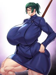 Rule 34 | 1girl, alternate breast size, alternate muscle size, blush, breasts, brown eyes, cropped legs, curvy, gigantic breasts, glasses, green hair, hand on own hip, highres, huge breasts, jujutsu kaisen, jujutsu tech uniform, looking at viewer, natedecock, ponytail, school uniform, simple background, smile, solo, staff, thick thighs, thighs, zenin maki