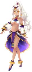 Rule 34 | 1girl, ankle ring, arabian clothes, bare shoulders, black panties, blue footwear, breasts, circlet, dark-skinned female, dark skin, detached sleeves, dot nose, earrings, full body, game cg, gem, groin, high ponytail, highres, jewelry, layla (master of eternity), long hair, looking at viewer, low-braided long hair, low-tied long hair, master of eternity, medium breasts, navel, non-web source, official art, panties, parted lips, pelvic curtain, print skirt, puffy detached sleeves, puffy sleeves, red gemstone, showgirl skirt, sidelocks, skirt, solo, sparkle print, stomach, tachi-e, transparent background, underboob, underwear, white hair, white sleeves, yellow eyes