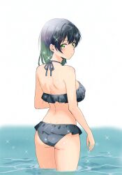 1girl ass back bikini black_bikini black_hair blush breasts cowboy_shot frilled_bikini frills from_behind gabrieltenma77 gradient_hair green_eyes green_hair halterneck highres large_breasts looking_at_viewer looking_back love_live! love_live!_nijigasaki_high_school_idol_club medium_hair multicolored_hair shoulder_blades solo swimsuit takasaki_yu two-tone_hair wading water